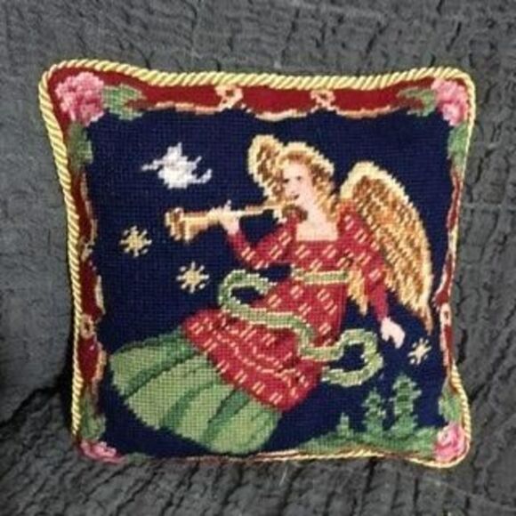 Vintage Needlepoint Angel Christmas Throw Pillow - Picture 1 of 6